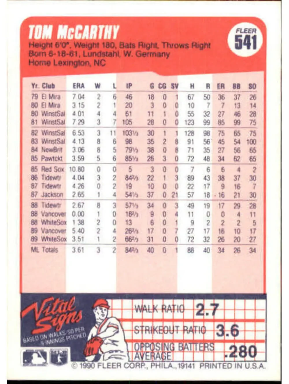 1990 Tom McCarthy Fleer Baseball Card #541